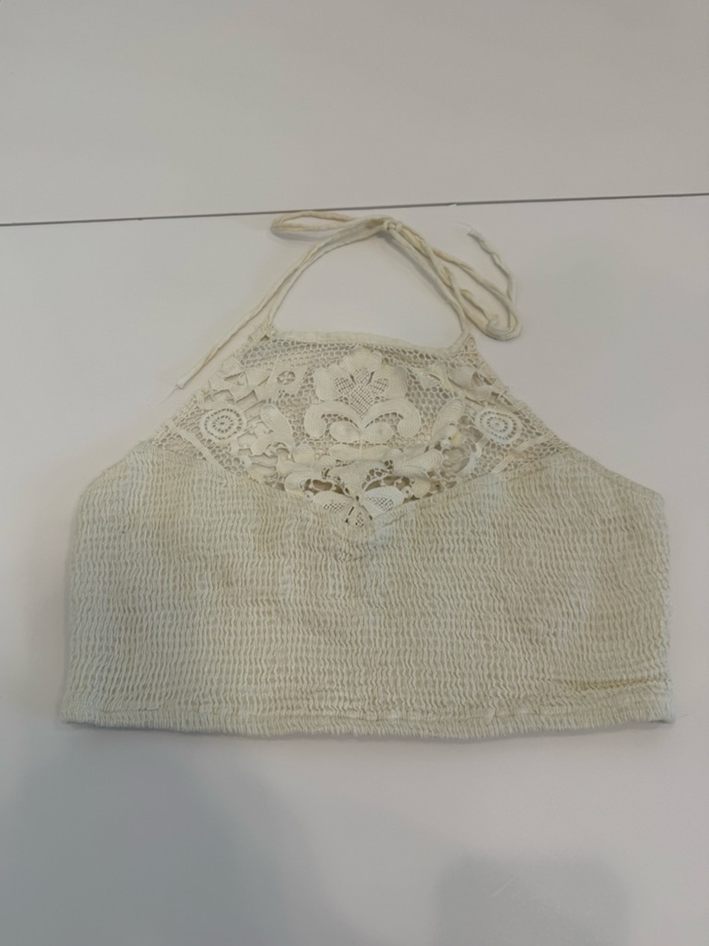 Free People One Cream Crochet Halter Crop Top Boho Western Festival Cottage Med